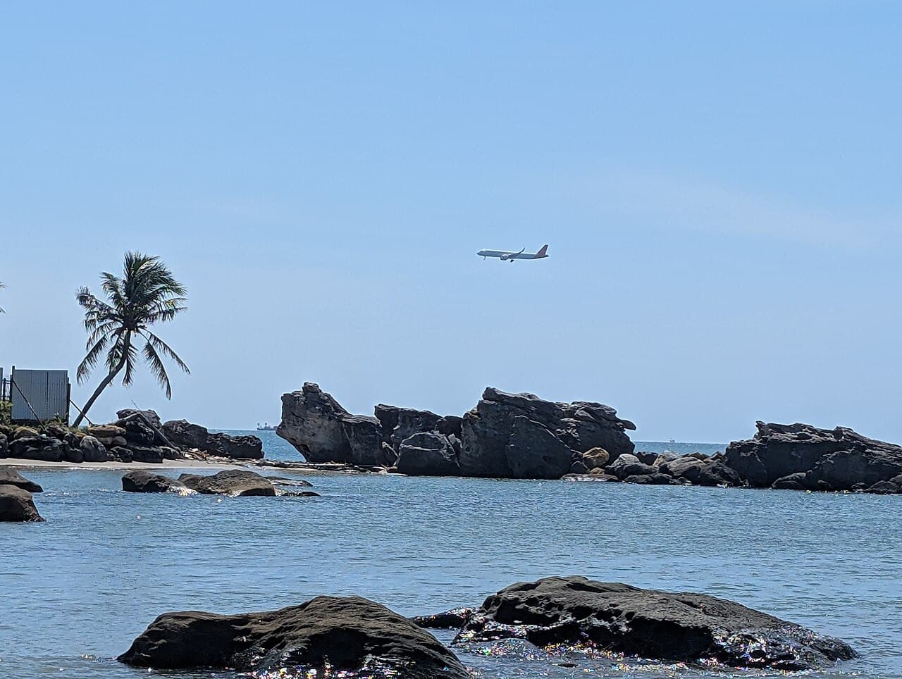 Máy bay trên nền trời, phía dưới là dừa, đá và mặt biển.