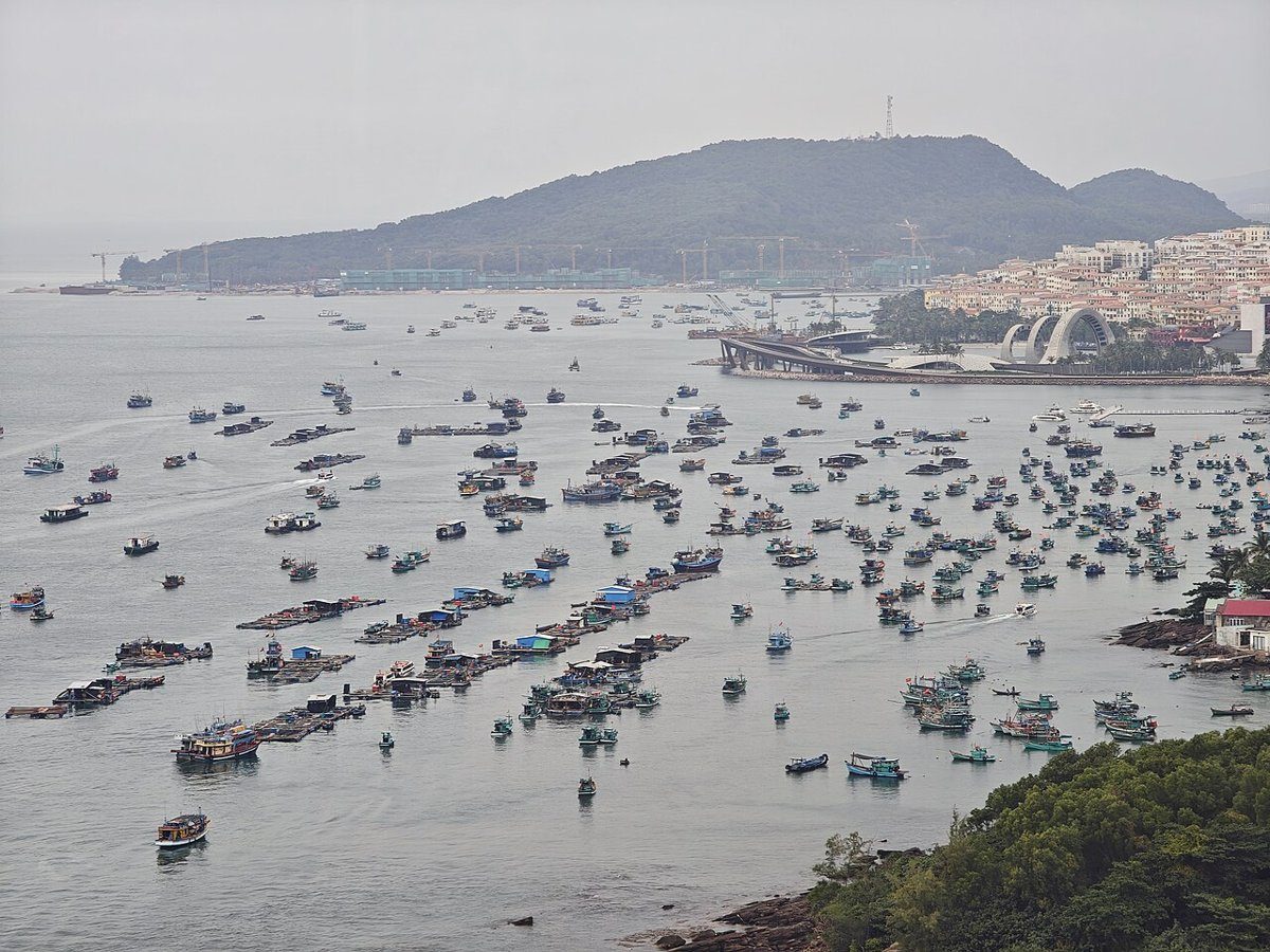 Vịnh đông ghe thuyền, phía xa là đồi và khu nhà ven biển.
